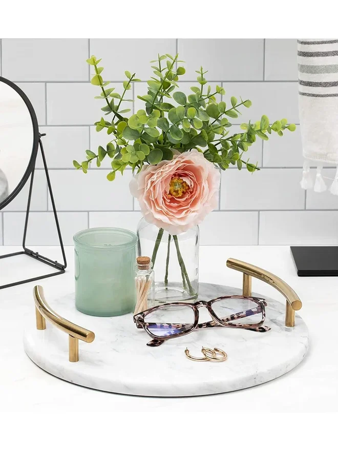 1Chase 1CHASE Round White Marble Tray With Gold Handle